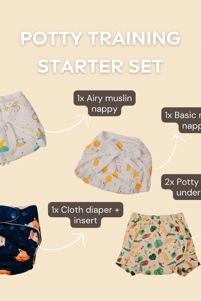 Potty Training Starter Set with reusable muslin and cotton nappies, training underwear, and cloth diapers. Eco-friendly solution for toddlers transitioning from diapers. Sustainable and practical gift idea for baby showers or potty-training parents.