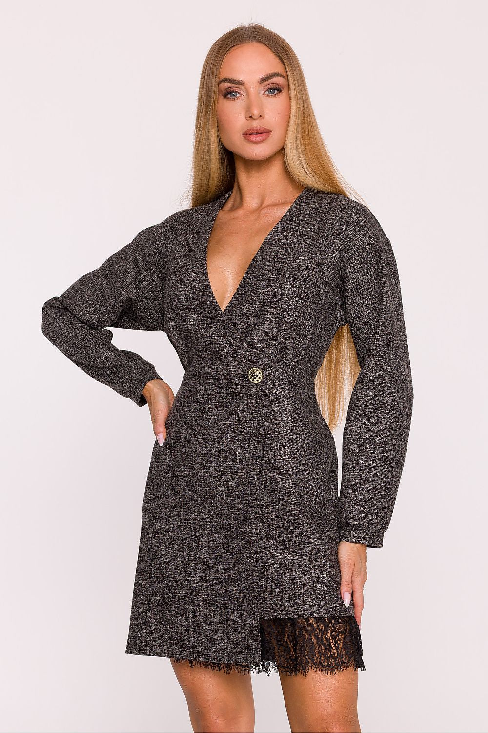Wrap Tweed Mini Dress with Lace Details – Elegant Long Sleeve Dress