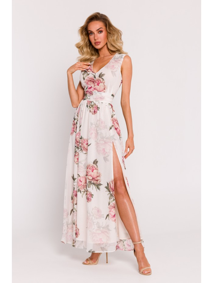 Floral Chiffon Maxi Dress with Slit: Bridesmaid V-Neck Gown