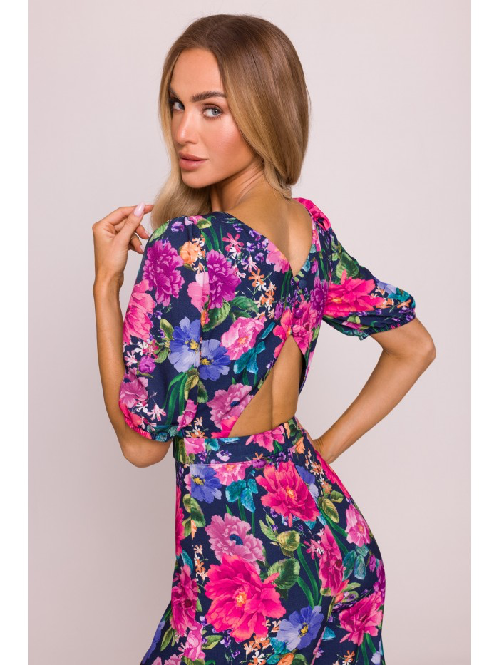 Floral Puff Sleeve Jumpsuit – Elegant Wide Leg Romper with Back Cut-Out