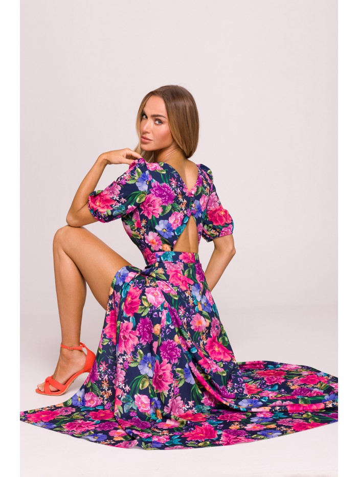 Floral Maxi Dress with Slit – Puff Sleeve Evening Gown, Open Back Summer Outfit, Boho Wedding Guest Dress | MILOT