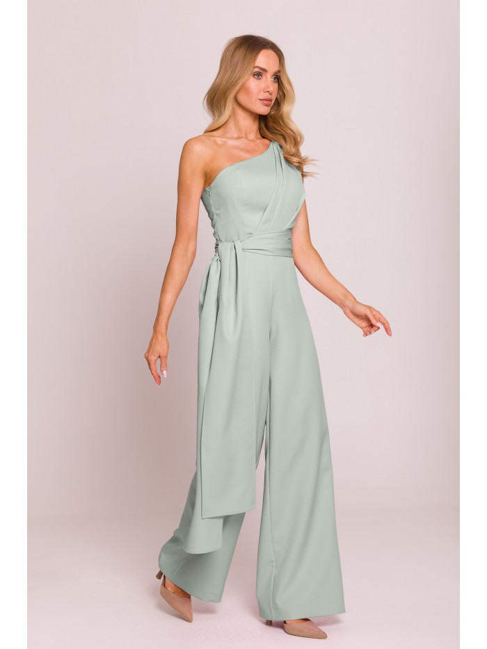 One-Shoulder Wide-Leg Jumpsuit with Sash: Elegant Evening Suit