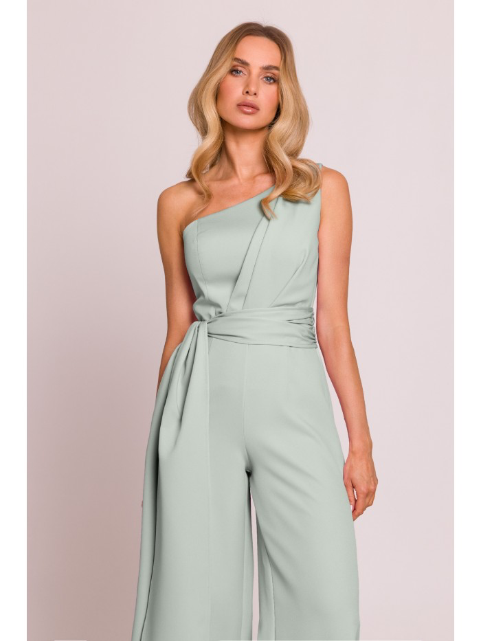 One-Shoulder Wide-Leg Jumpsuit with Sash: Elegant Evening Suit