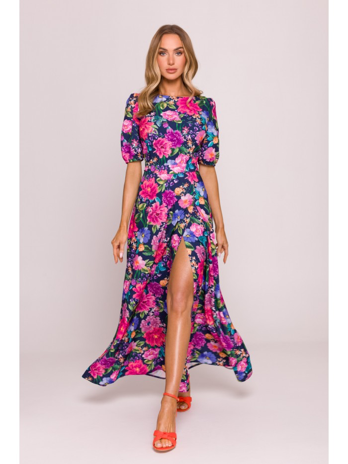 Floral Maxi Dress with Slit – Puff Sleeve Evening Gown, Open Back Summer Outfit, Boho Wedding Guest Dress | MILOT