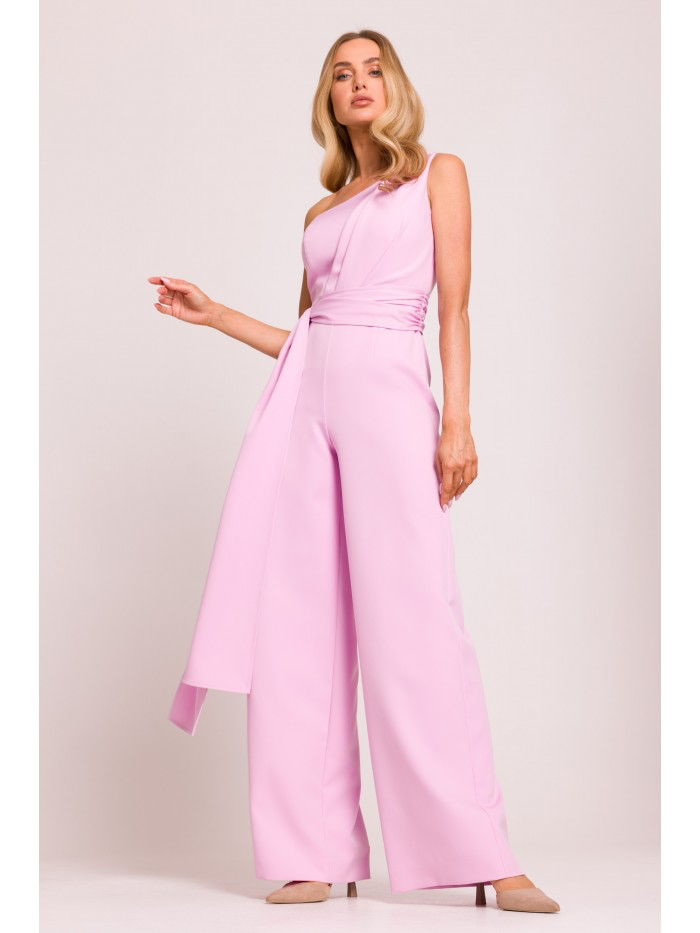 One-Shoulder Wide-Leg Jumpsuit with Sash: Elegant Evening Suit
