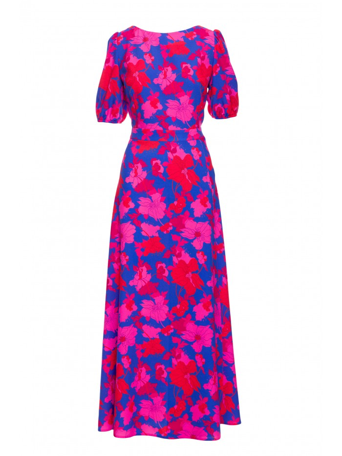 Floral Maxi Dress with Slit – Puff Sleeve Evening Gown, Open Back Summer Outfit, Boho Wedding Guest Dress | MILOT