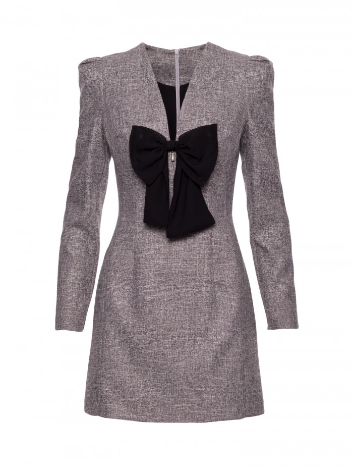 Elegant Pink Tweed Mini Dress with Black Bow – Structured Long Sleeve Evening Dress