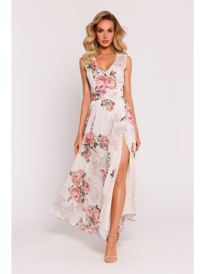 Floral Chiffon Maxi Dress with Slit: Bridesmaid V-Neck Gown