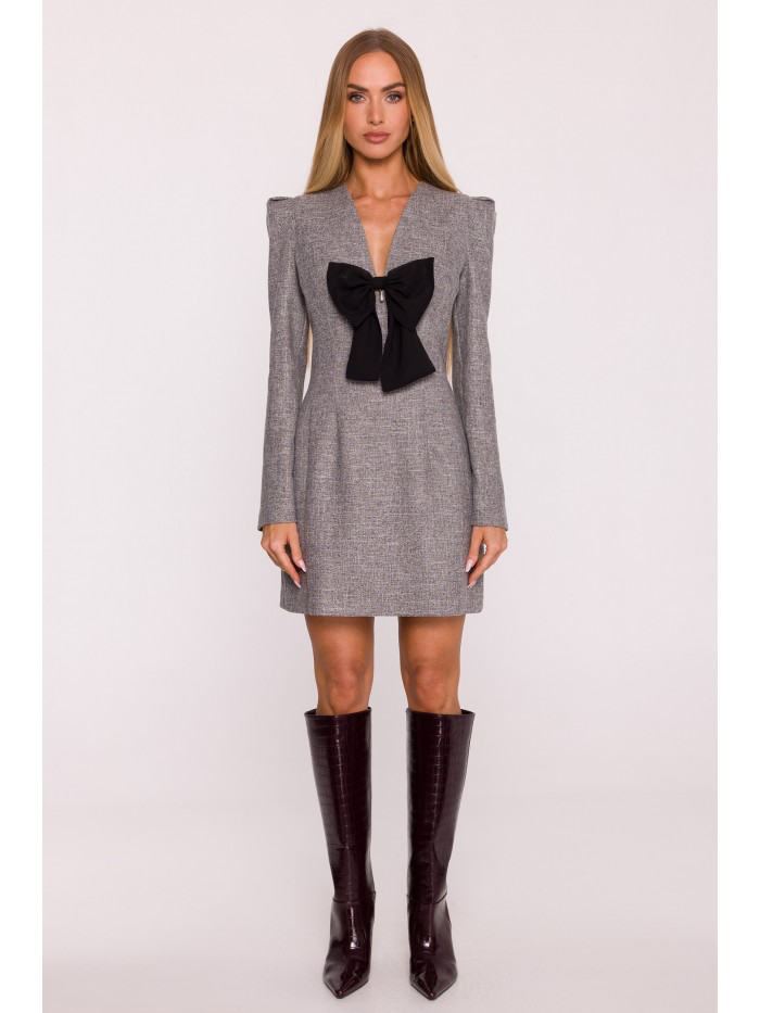 Elegant Pink Tweed Mini Dress with Black Bow – Structured Long Sleeve Evening Dress