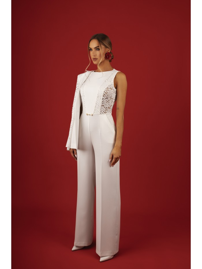 White Lace Panel Jumpsuit: Elegant Sleeveless Wedding Outfit