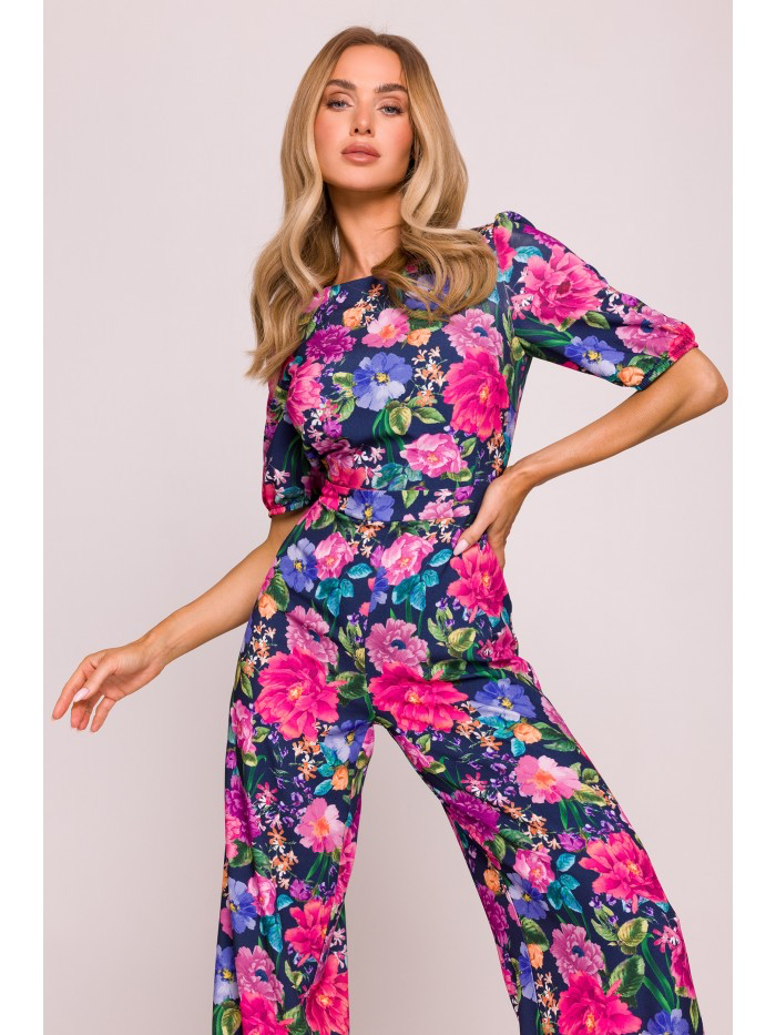 Floral Puff Sleeve Jumpsuit – Elegant Wide Leg Romper with Back Cut-Out