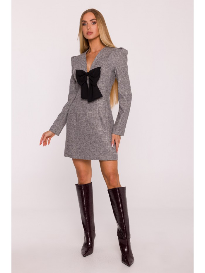 Elegant Pink Tweed Mini Dress with Black Bow – Structured Long Sleeve Evening Dress