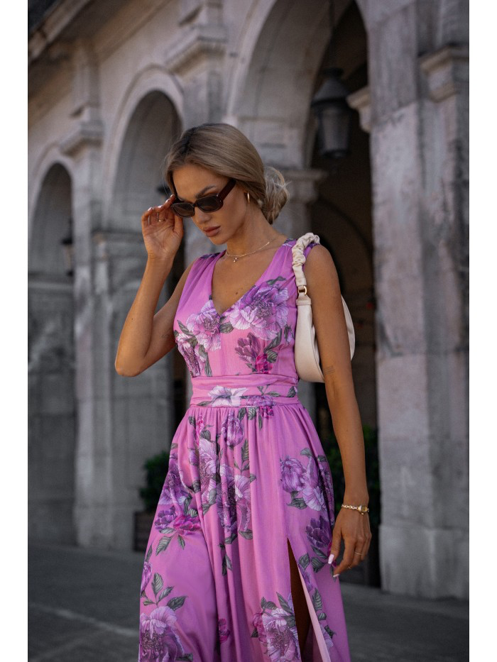Floral Chiffon Maxi Dress with Slit: Bridesmaid V-Neck Gown