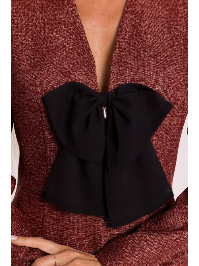 Elegant Pink Tweed Mini Dress with Black Bow – Structured Long Sleeve Evening Dress