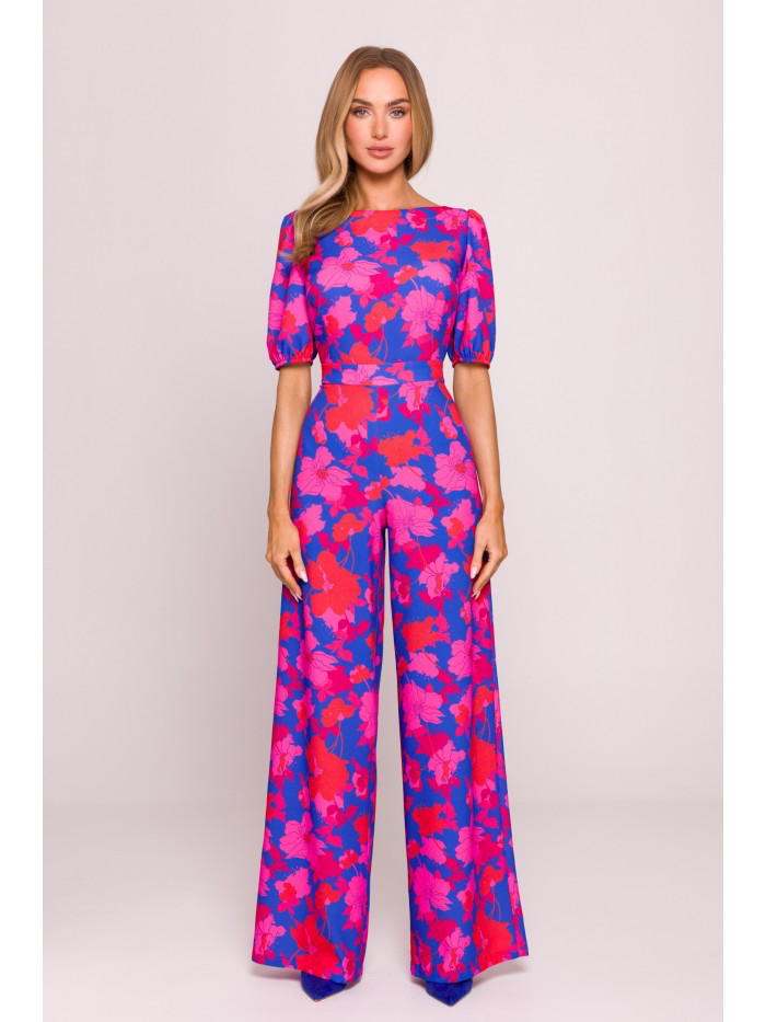 Floral Puff Sleeve Jumpsuit – Elegant Wide Leg Romper with Back Cut-Out