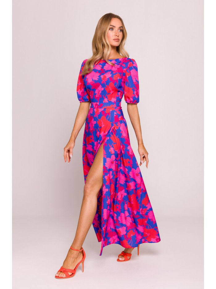 Floral Maxi Dress with Slit – Puff Sleeve Evening Gown, Open Back Summer Outfit, Boho Wedding Guest Dress | MILOT