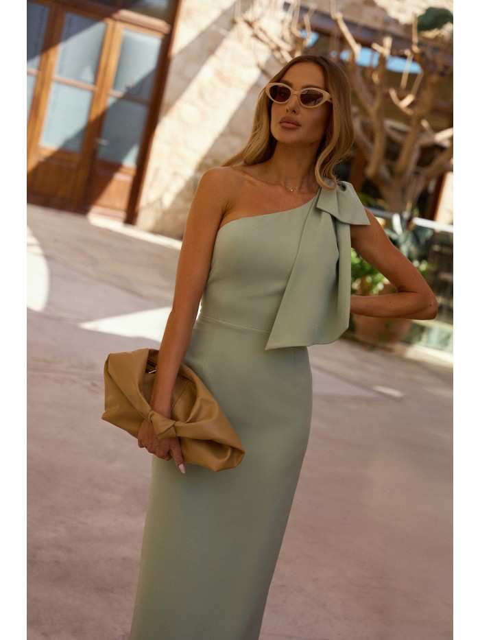Pastel One-Shoulder Midi Dress: Elegant Bow Cocktail Pencil Dress