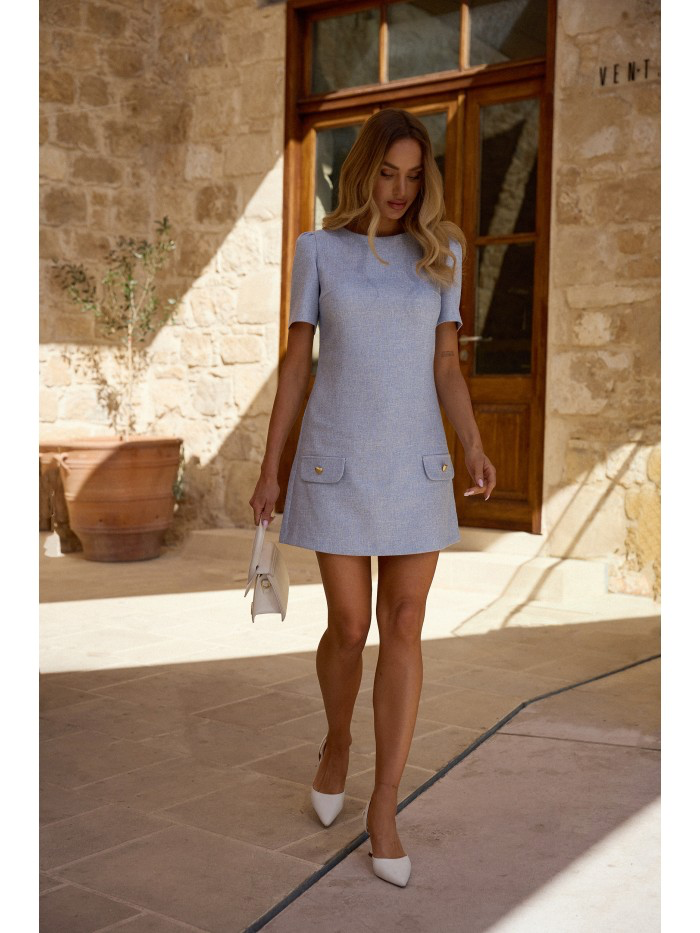 Trapeze Mini Dress: Elegant Short Sleeve Summer Dress with Heart Buttons