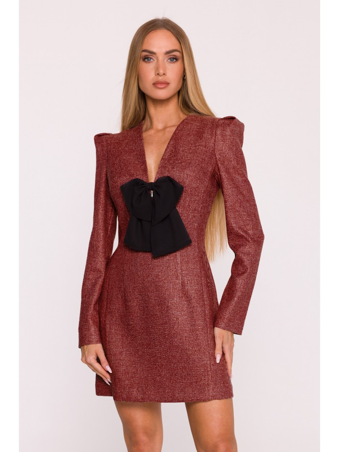 Elegant Pink Tweed Mini Dress with Black Bow – Structured Long Sleeve Evening Dress