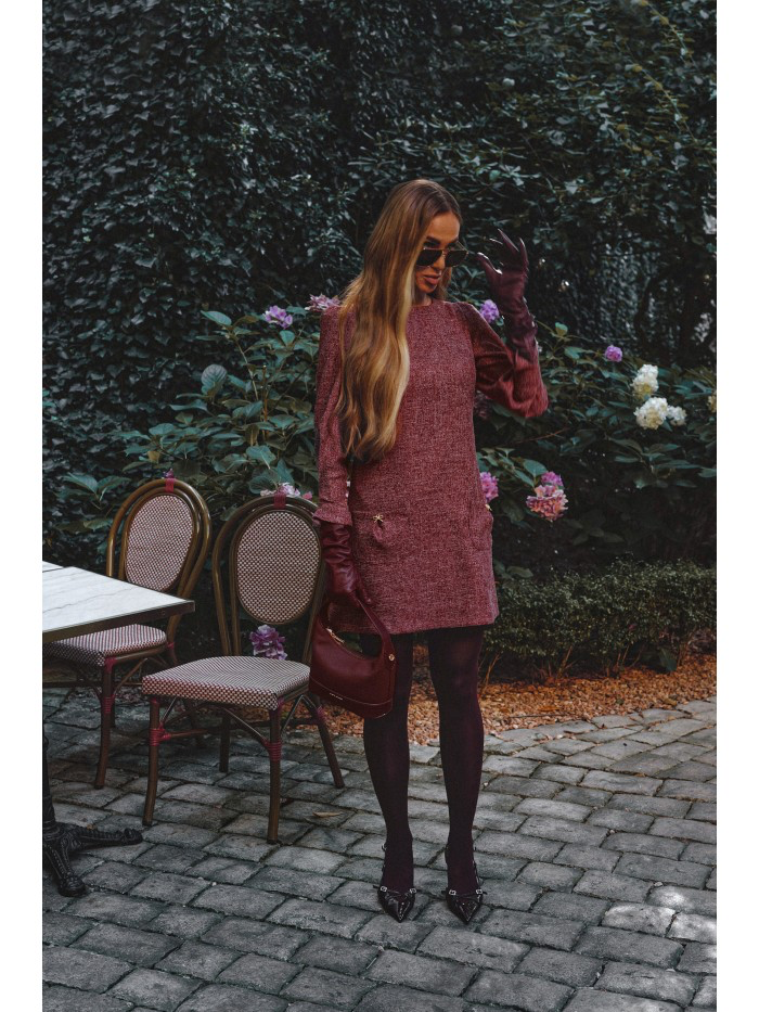 Elegant long-sleeve tweed mini dress in pink mélange fabric, perfect for autumn and winter. Stylish, comfortable, and versatile for daily wear or evening outings.