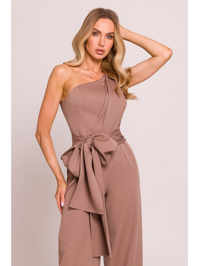 One-Shoulder Wide-Leg Jumpsuit with Sash: Elegant Evening Suit