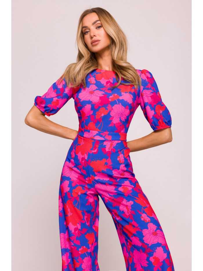 Floral Puff Sleeve Jumpsuit – Elegant Wide Leg Romper with Back Cut-Out
