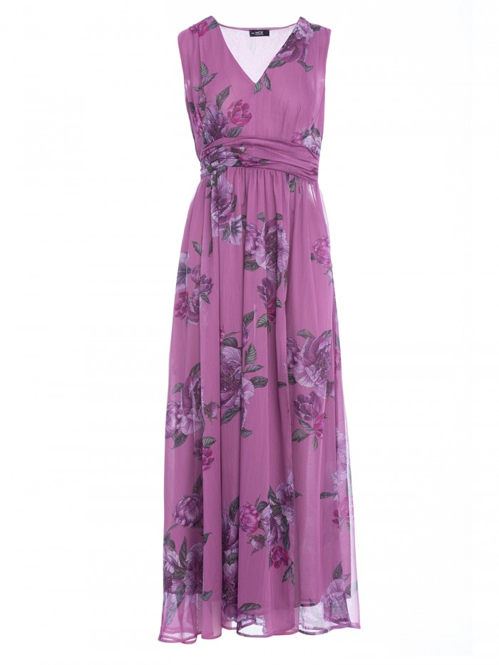Floral Chiffon Maxi Dress with Slit: Bridesmaid V-Neck Gown