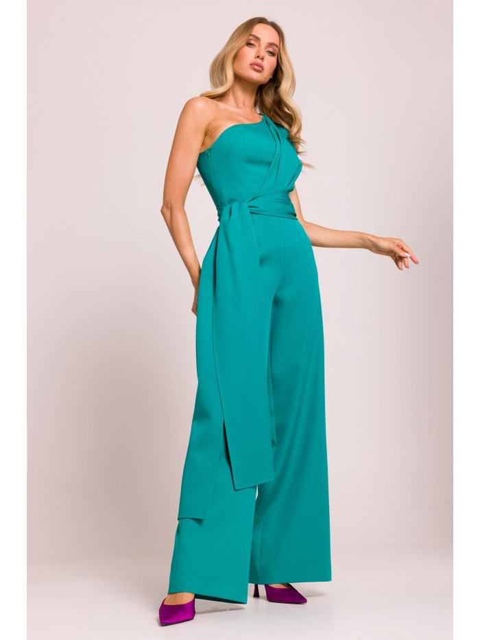 One-Shoulder Wide-Leg Jumpsuit with Sash: Elegant Evening Suit