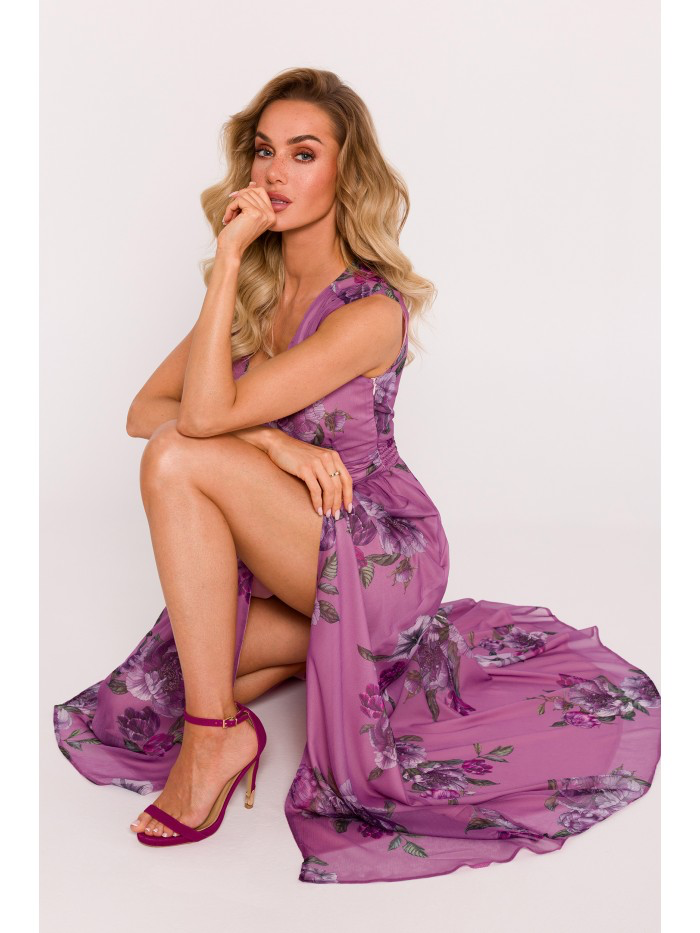 Floral Chiffon Maxi Dress with Slit: Bridesmaid V-Neck Gown