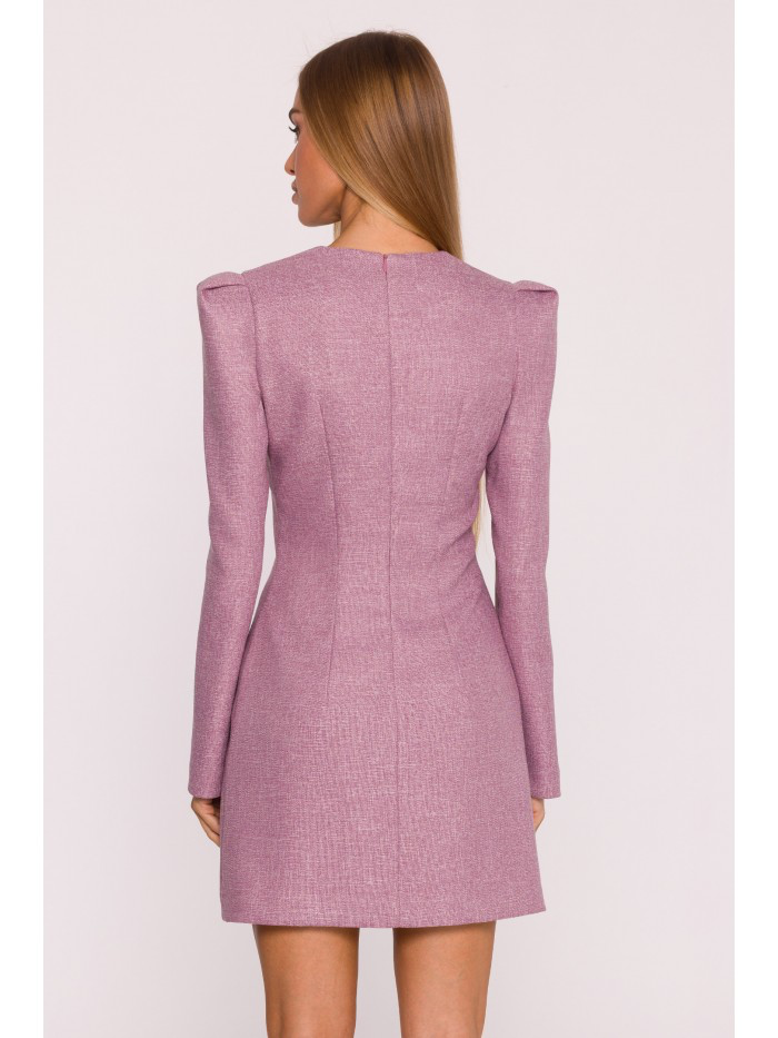 Elegant Pink Tweed Mini Dress with Black Bow – Structured Long Sleeve Evening Dress
