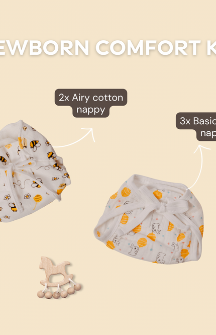 Newborn Comfort Kit with 3 muslin and 2 cotton nappies. Breathable, lightweight, and reusable, designed for rash-free comfort and diaper-free moments. Sustainable gift for baby showers or eco-conscious parents. Personalization options available.