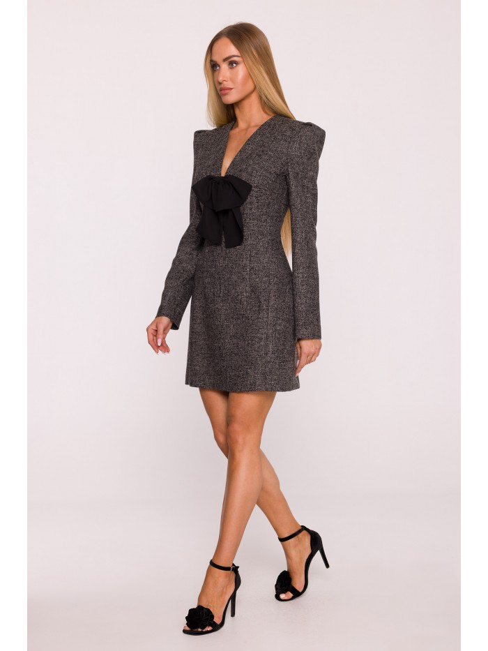 Elegant Pink Tweed Mini Dress with Black Bow – Structured Long Sleeve Evening Dress
