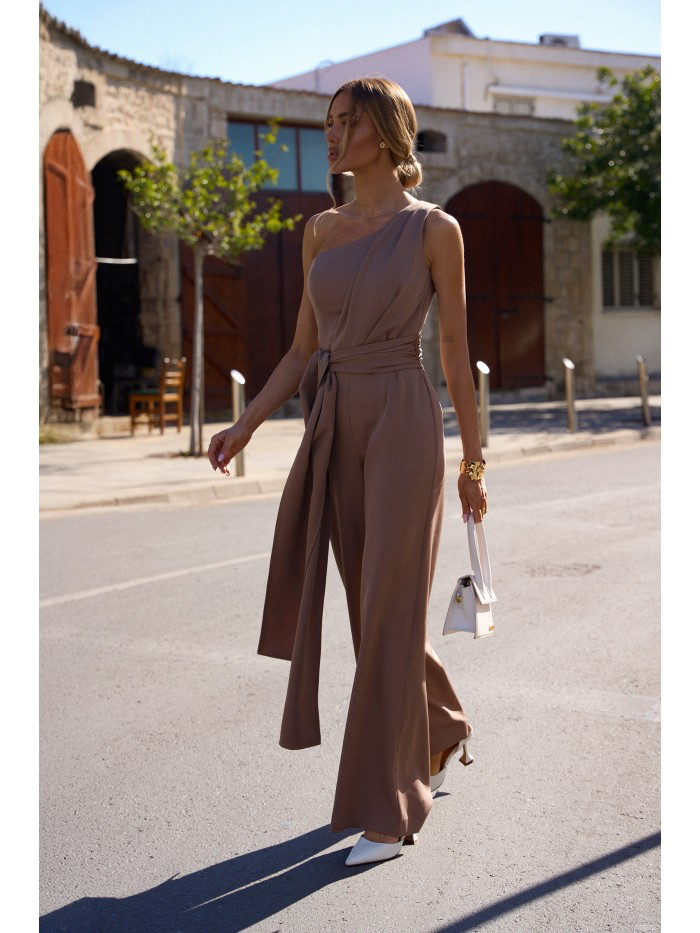 One-Shoulder Wide-Leg Jumpsuit with Sash: Elegant Evening Suit