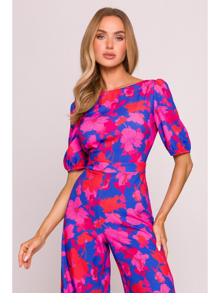 Floral Puff Sleeve Jumpsuit – Elegant Wide Leg Romper with Back Cut-Out