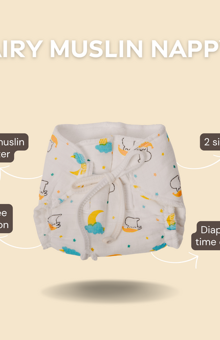 Close-up of airy muslin diaper, a unique reusable gift for babies. Perfect for diaper-free time and preventing diaper rash. Made from soft, breathable cotton with gentle elastic and vibrant prints. Ideal for eco-conscious parents. Baby shower gift