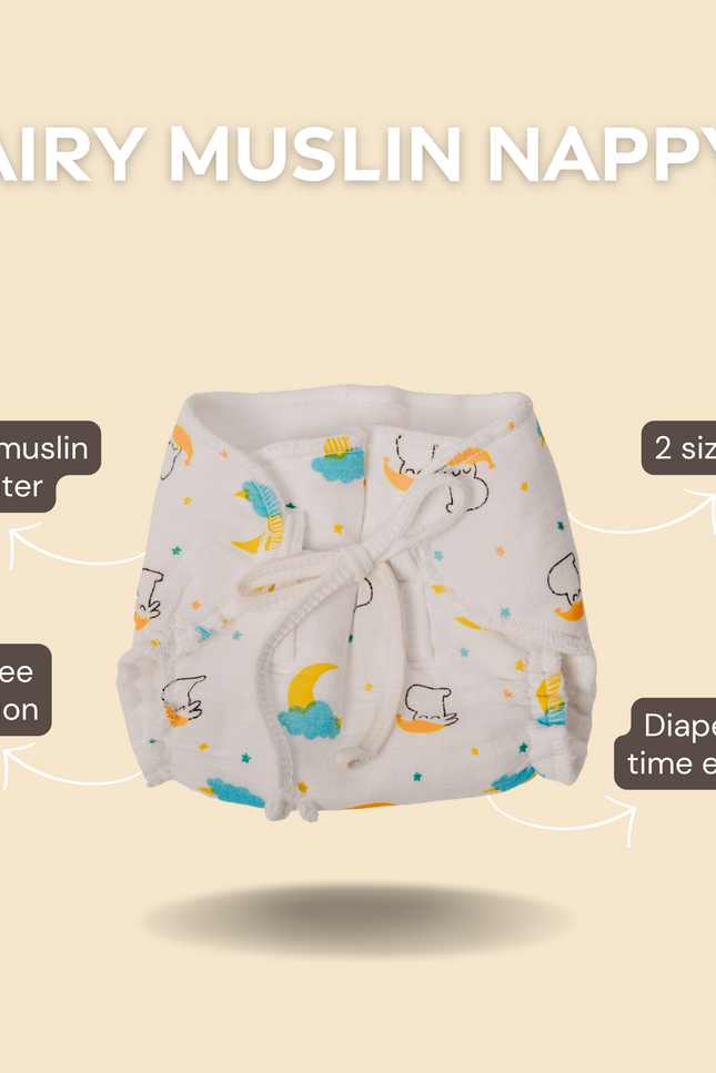 Close-up of airy muslin diaper, a unique reusable gift for babies. Perfect for diaper-free time and preventing diaper rash. Made from soft, breathable cotton with gentle elastic and vibrant prints. Ideal for eco-conscious parents. Baby shower gift