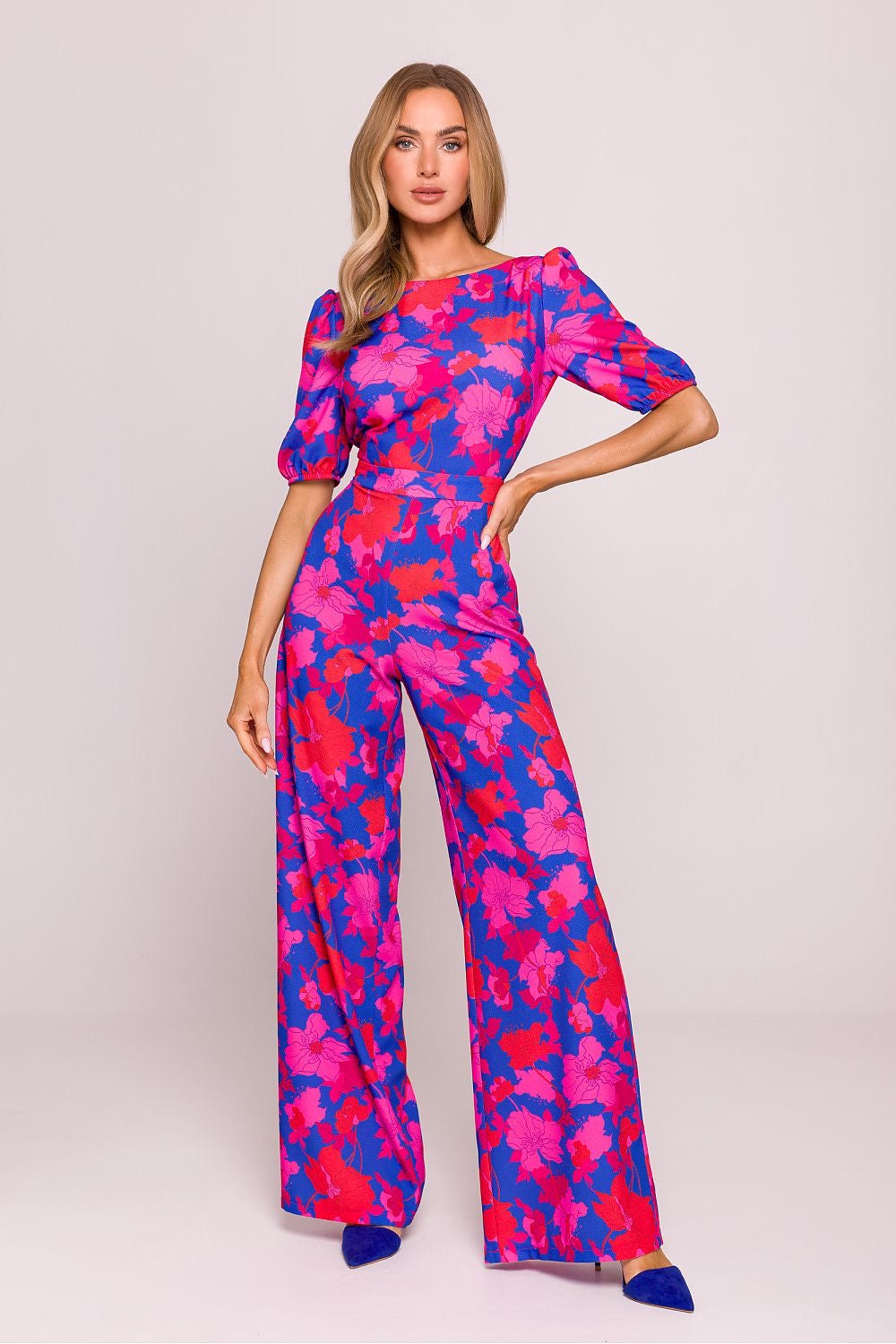 Floral Puff Sleeve Jumpsuit – Elegant Wide Leg Romper with Back Cut-Out