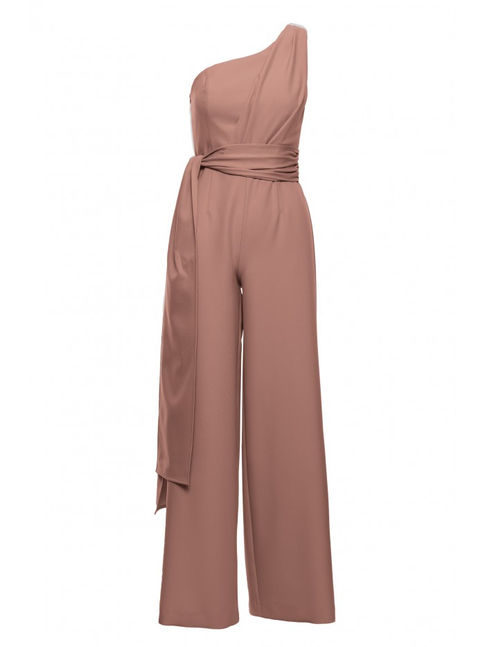 One-Shoulder Wide-Leg Jumpsuit with Sash: Elegant Evening Suit
