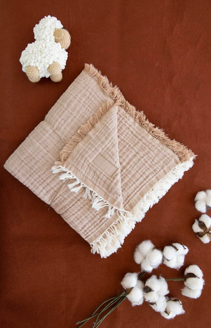 Luxuriously soft and breathable baby blanket made from 100% muslin, featuring four layers for extra comfort and durability. Measuring 110x120 cm, this eco-friendly blanket is perfect for newborns and toddlers. Available in a range of soothing colors including white, pink, beige, red, purple, yellow, and blue, it’s ideal for swaddling, stroller covers, or light bedding. A sustainable and reusable option for parents who value quality and style. Beautifully crafted with delicate cotton accents, combining fun