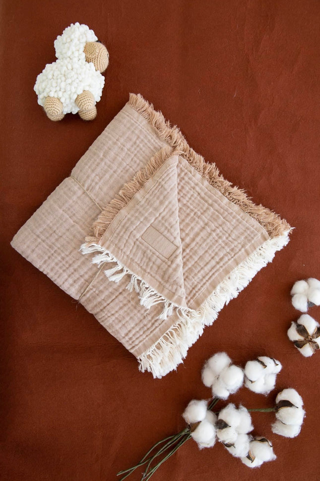 Luxuriously soft and breathable baby blanket made from 100% muslin, featuring four layers for extra comfort and durability. Measuring 110x120 cm, this eco-friendly blanket is perfect for newborns and toddlers. Available in a range of soothing colors including white, pink, beige, red, purple, yellow, and blue, it’s ideal for swaddling, stroller covers, or light bedding. A sustainable and reusable option for parents who value quality and style. Beautifully crafted with delicate cotton accents, combining fun