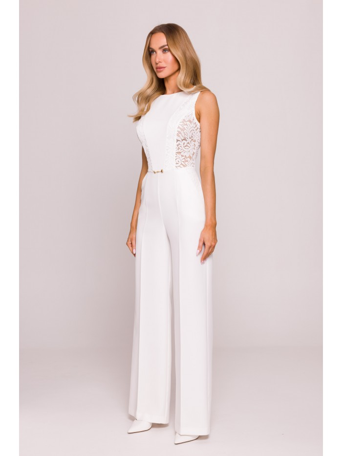 White Lace Panel Jumpsuit: Elegant Sleeveless Wedding Outfit