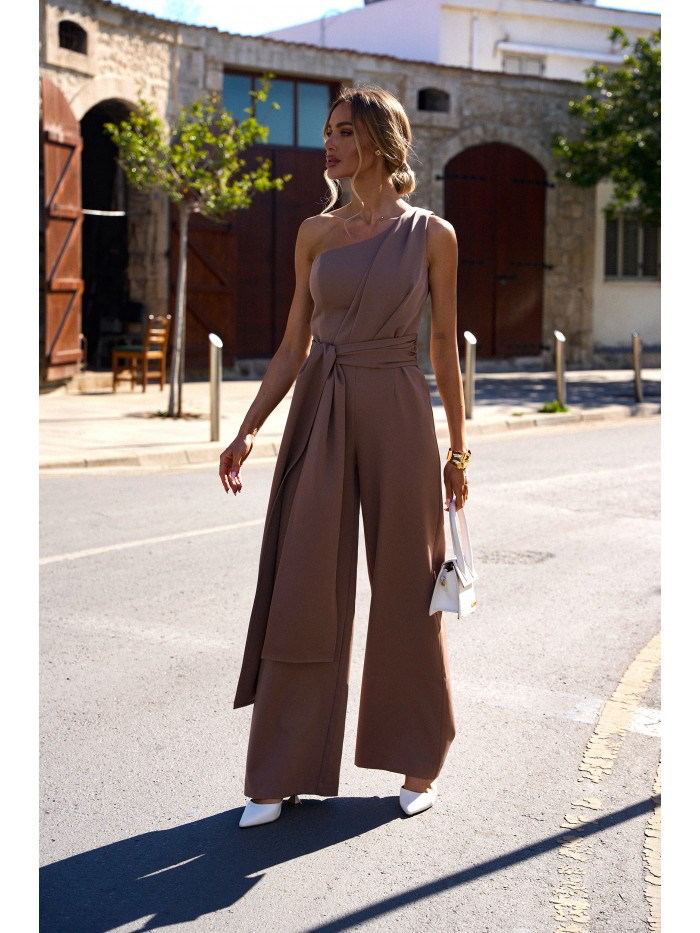 One-Shoulder Wide-Leg Jumpsuit with Sash: Elegant Evening Suit