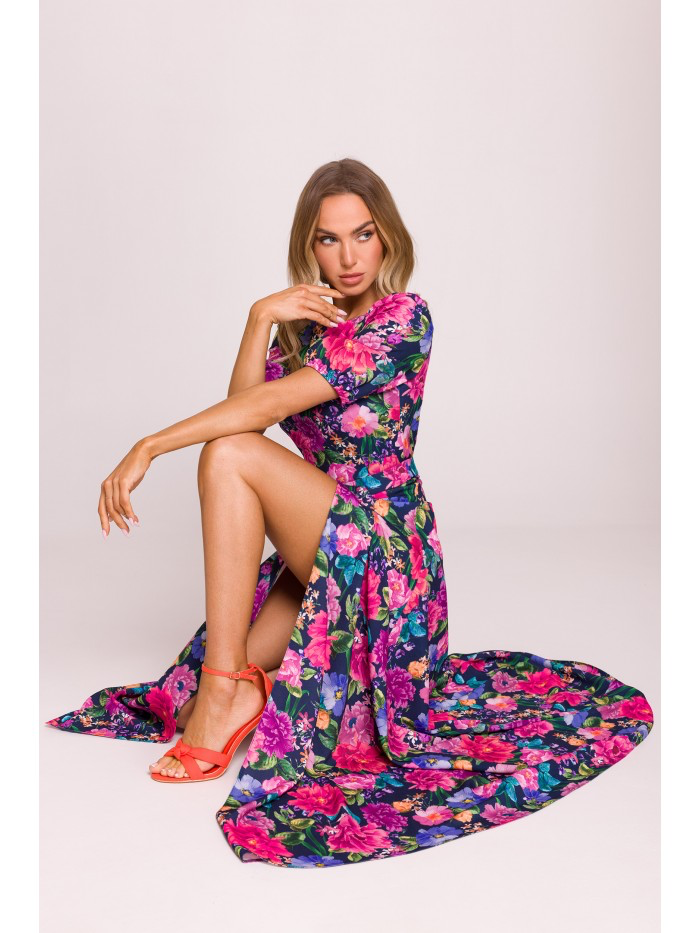 Floral Maxi Dress with Slit – Puff Sleeve Evening Gown, Open Back Summer Outfit, Boho Wedding Guest Dress | MILOT