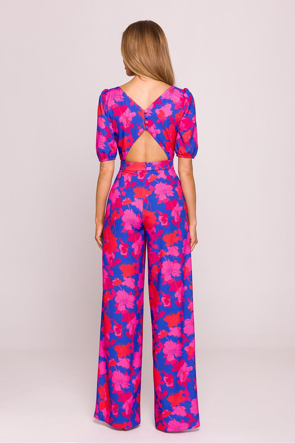Floral Puff Sleeve Jumpsuit – Elegant Wide Leg Romper with Back Cut-Out