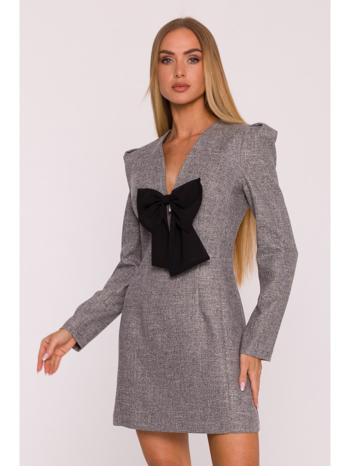 Elegant Pink Tweed Mini Dress with Black Bow – Structured Long Sleeve Evening Dress