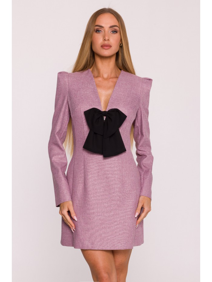 Elegant Pink Tweed Mini Dress with Black Bow – Structured Long Sleeve Evening Dress