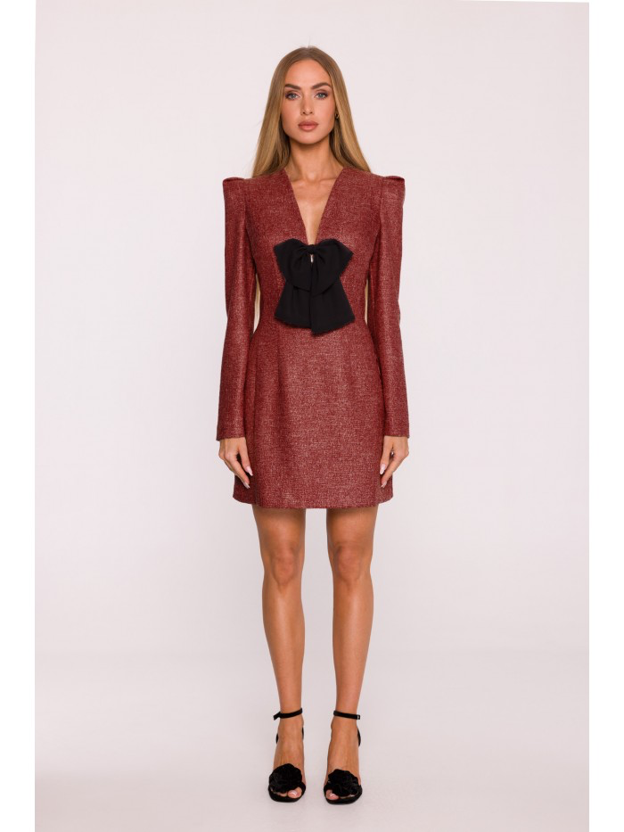 Elegant Pink Tweed Mini Dress with Black Bow – Structured Long Sleeve Evening Dress