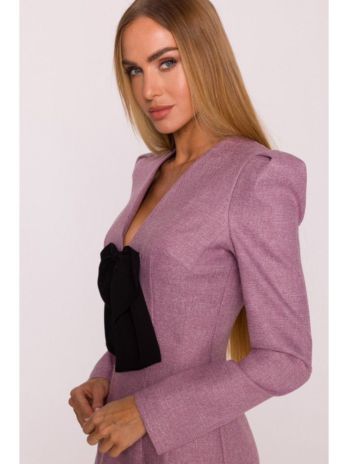 Elegant Pink Tweed Mini Dress with Black Bow – Structured Long Sleeve Evening Dress