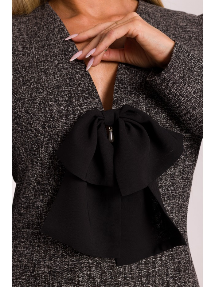 Elegant Pink Tweed Mini Dress with Black Bow – Structured Long Sleeve Evening Dress