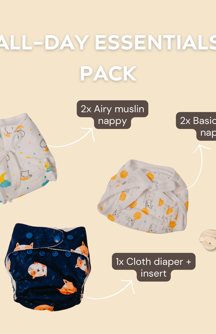 EcoNappy All-Day Essentials Pack, featuring a mix of muslin and cotton nappies for diaper-free time, plus a highly absorbent cloth diaper perfect for naps and outings. Designed for comfort, rash prevention, and sustainability for babies 0-3 years.